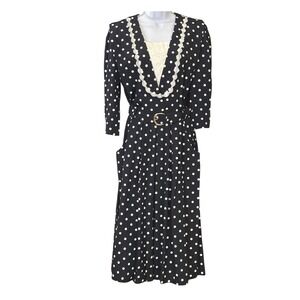 Vintage VLP Petites Black White Polka Dot Cottagecore Midi Retro  Dress Lace